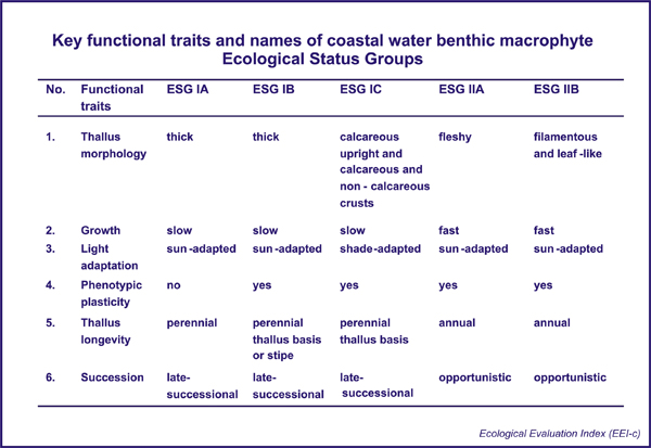 Key functional traits and names of coastal water benthic macropthyte Ecological Status Groups